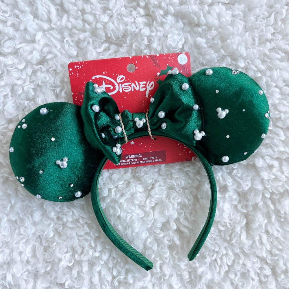 NWT Aldi x Disney Minnie Mouse Christmas Ears Headband Green Velvet & Faux Pearl